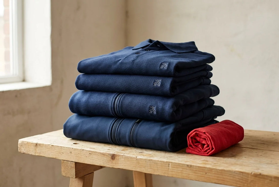 Stack of navy embroidered workwear polo shirts on a timber workbench, part of a staff workwear bundle
