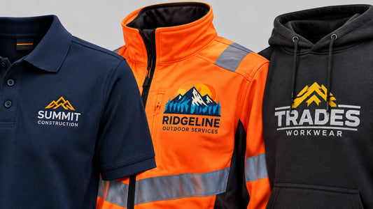 Comparison of embroidered, DTF printed and screen printed branding on custom workwear garments