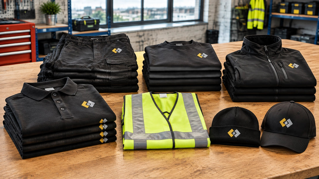 Day-one construction workwear kit laid out in a workshop