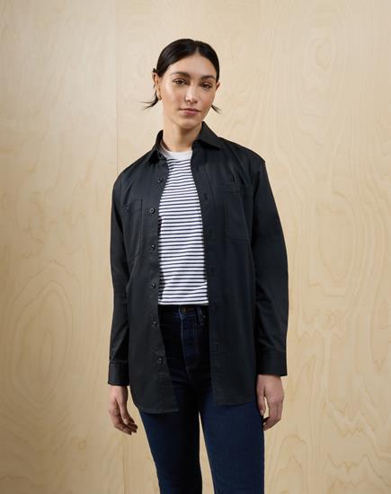 Premier Utility 2.0 Service Shirt PR021 in black, worn open over a striped tee