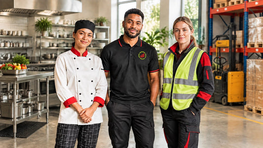 Workers in branded chef, polo and hi-vis workwear supplied by Brand Me Now