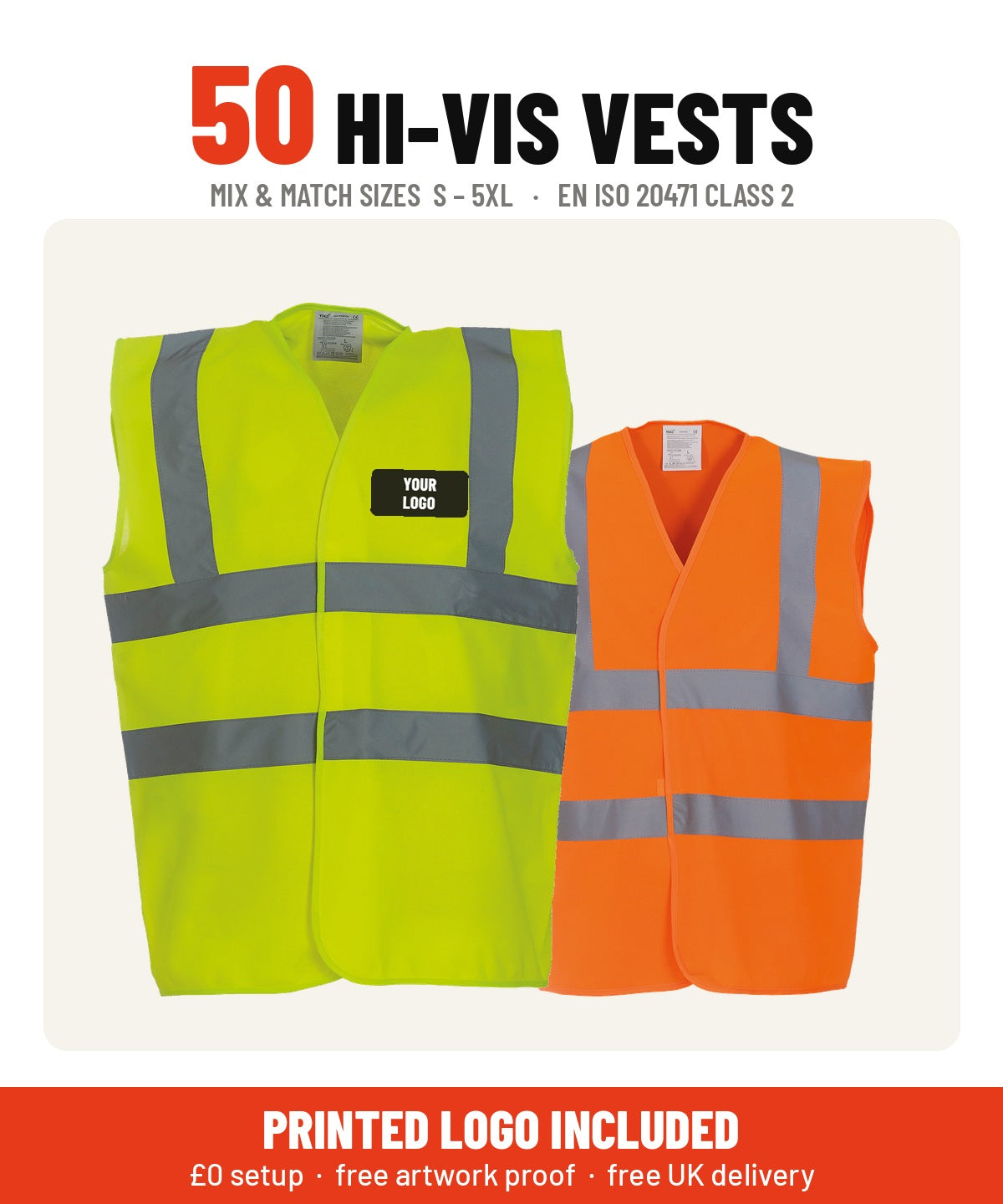 50 hi-vis vest bundle in yellow and orange, EN ISO 20471 Class 2, printed logo included, mix and match sizes S to 5XL