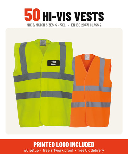 50 hi-vis vest bundle in yellow and orange, EN ISO 20471 Class 2, printed logo included, mix and match sizes S to 5XL