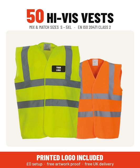 50 hi-vis vest bundle in yellow and orange, EN ISO 20471 Class 2, printed logo included, mix and match sizes S to 5XL