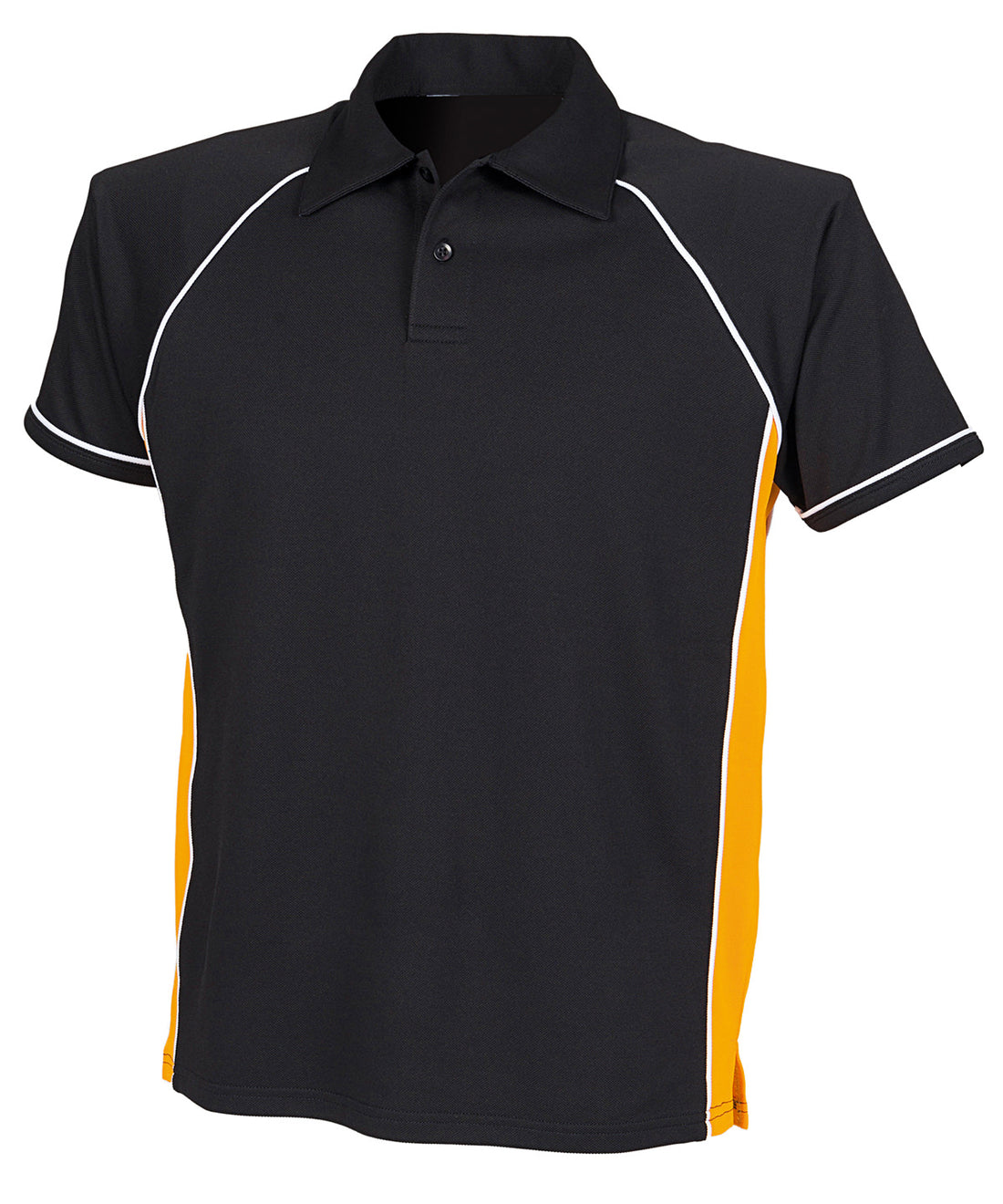 Piped performance polo in Black/Amber/White