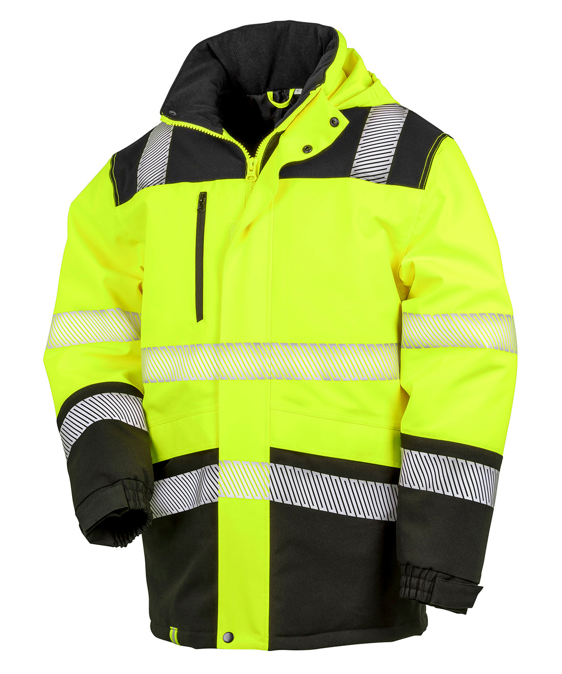 Printable softshell safety coat in Fluorescent Yellow/Black