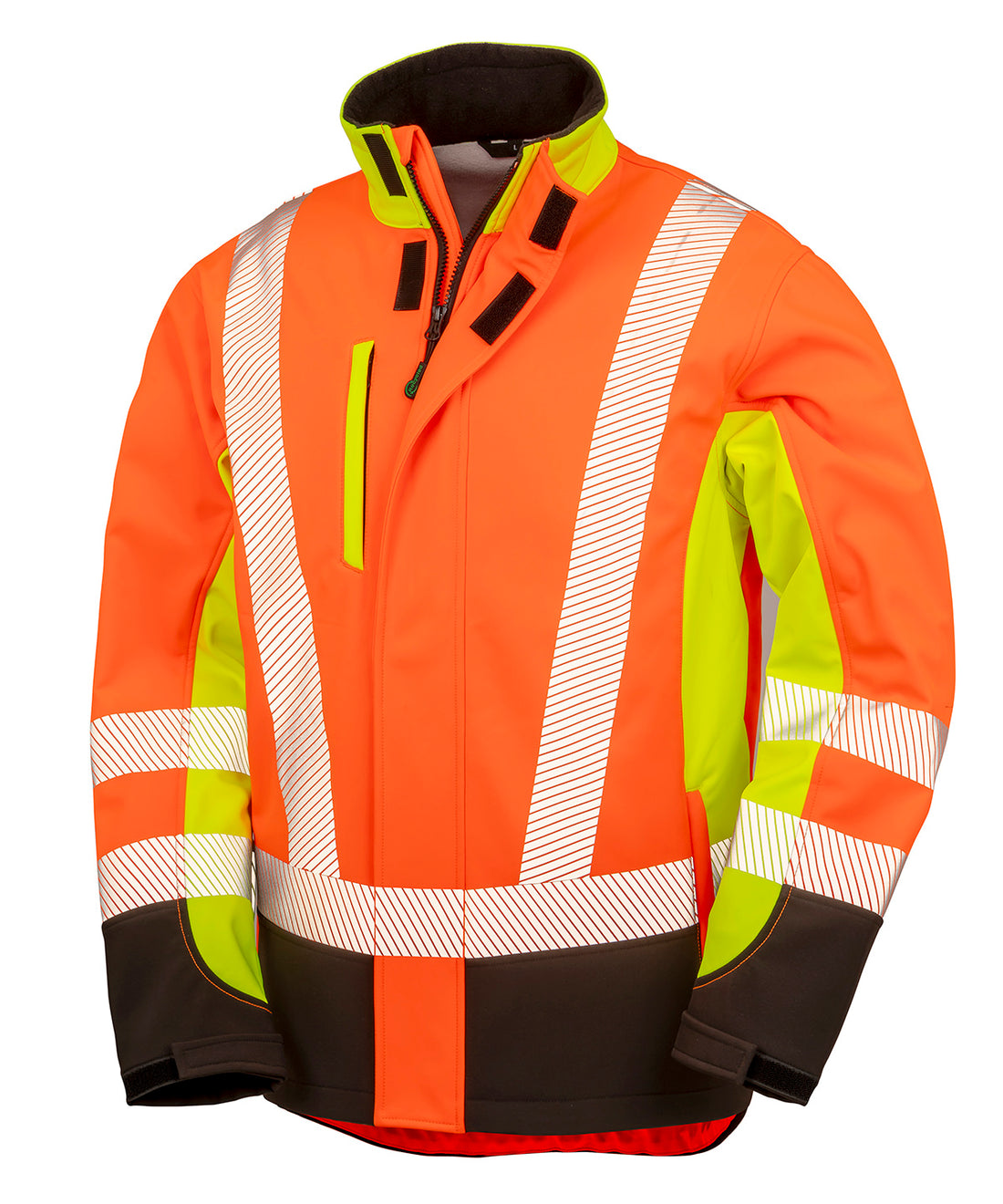 Recycled 3-layer printable 3-tone safety softshell in Fluorescent Yellow/Fluorescent Orange/Black
