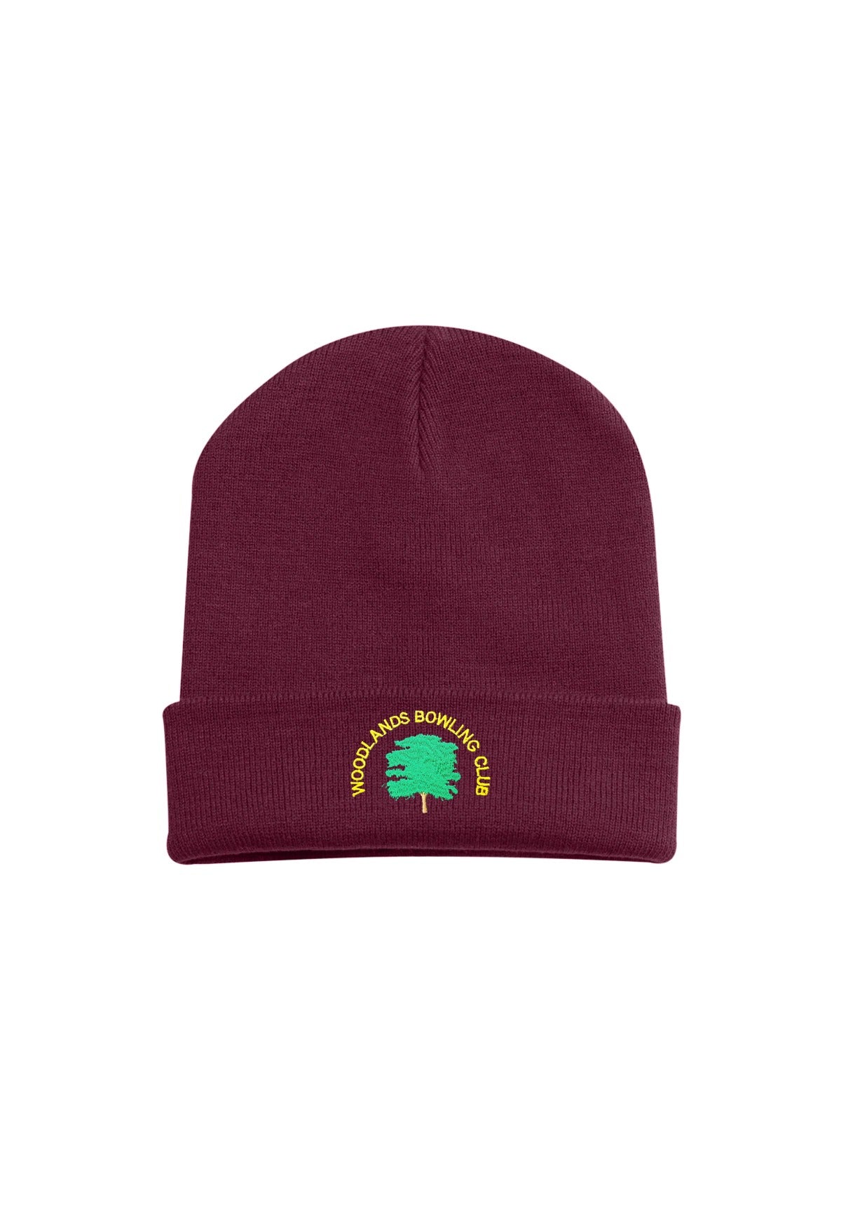 Woodlands Bowling Club Cuffed Beanie in Burgundy, embroidered logo