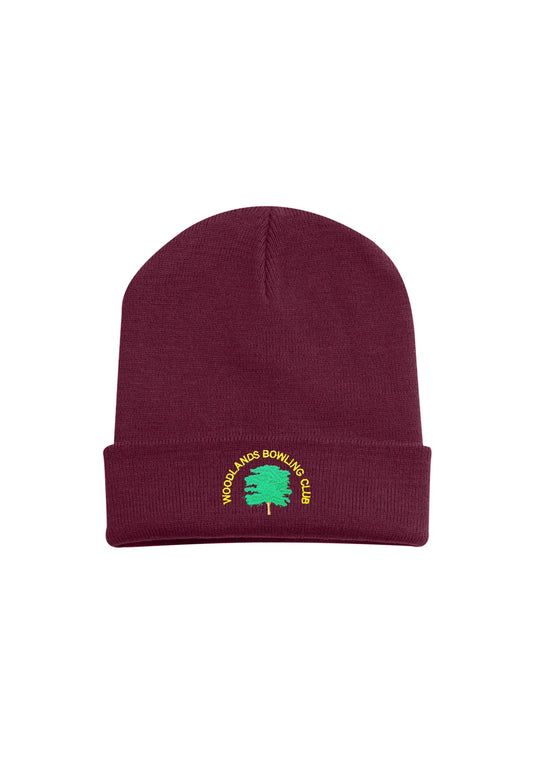Woodlands Bowling Club Cuffed Beanie in Burgundy, embroidered logo