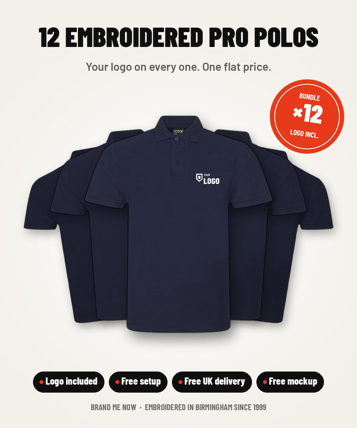 Bulk Polo Bundle: 12 navy Pro polos, each embroidered with your logo on the left chest