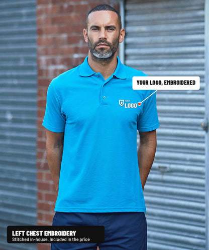 Man wearing a Pro polo with a logo embroidered on the left chest