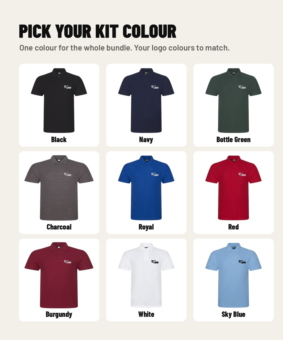Pro polo colour options with an embroidered logo: black, navy, bottle green, charcoal, royal, red, burgundy, white, sky blue