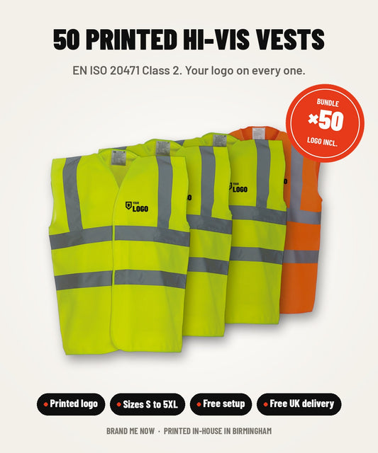 50 hi-vis vest bundle: yellow and orange EN ISO 20471 Class 2 vests with your logo printed on the left chest