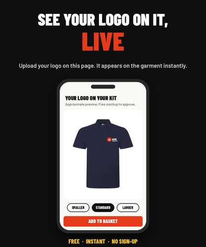 See your logo on it, live: upload your logo on the page and it appears on the garment instantly