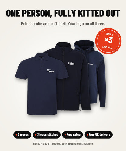 Single Worker Starter Bundle: Pro polo, Pro hoodie and Pro softshell, each embroidered with your logo