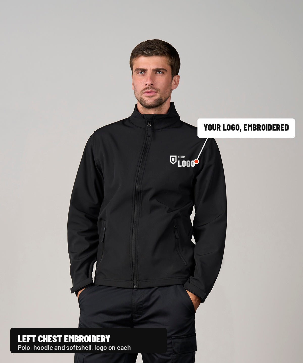 Man wearing a Pro 2-layer softshell with a logo embroidered on the left chest
