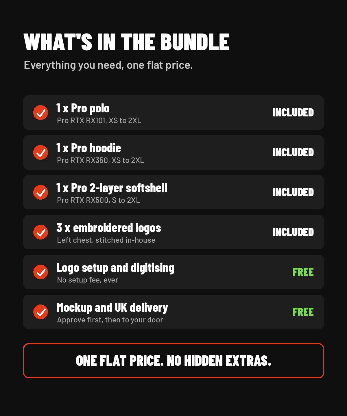 What is in the Single Worker Starter Bundle: polo, hoodie, softshell, 3 embroidered logos, free setup, mockup and delivery