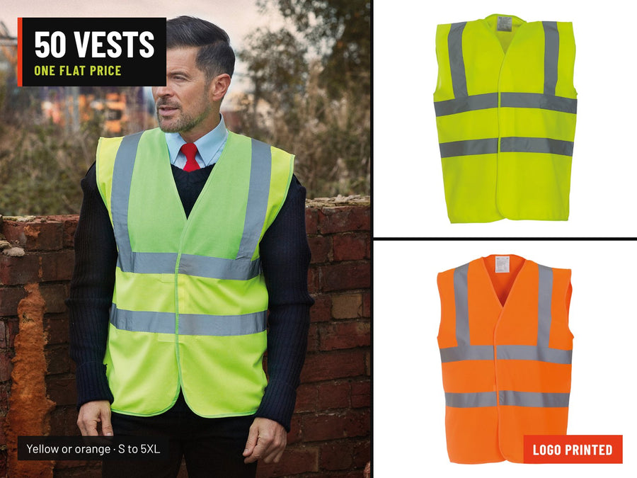 50 Hi-Vis Vest Bundle in yellow or orange, logo printed