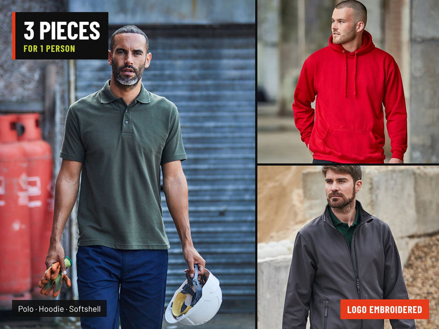 Single Worker Starter bundle: polo, hoodie and softshell, logo embroidered