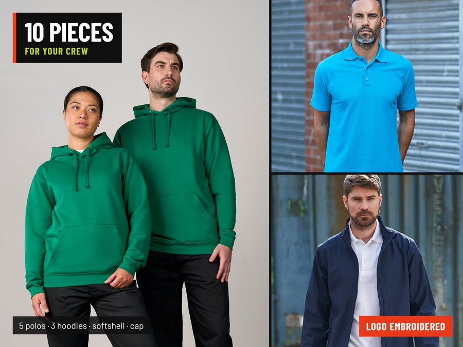 Mix and Match Team Package: 5 polos, 3 hoodies, a softshell and a cap, logo embroidered