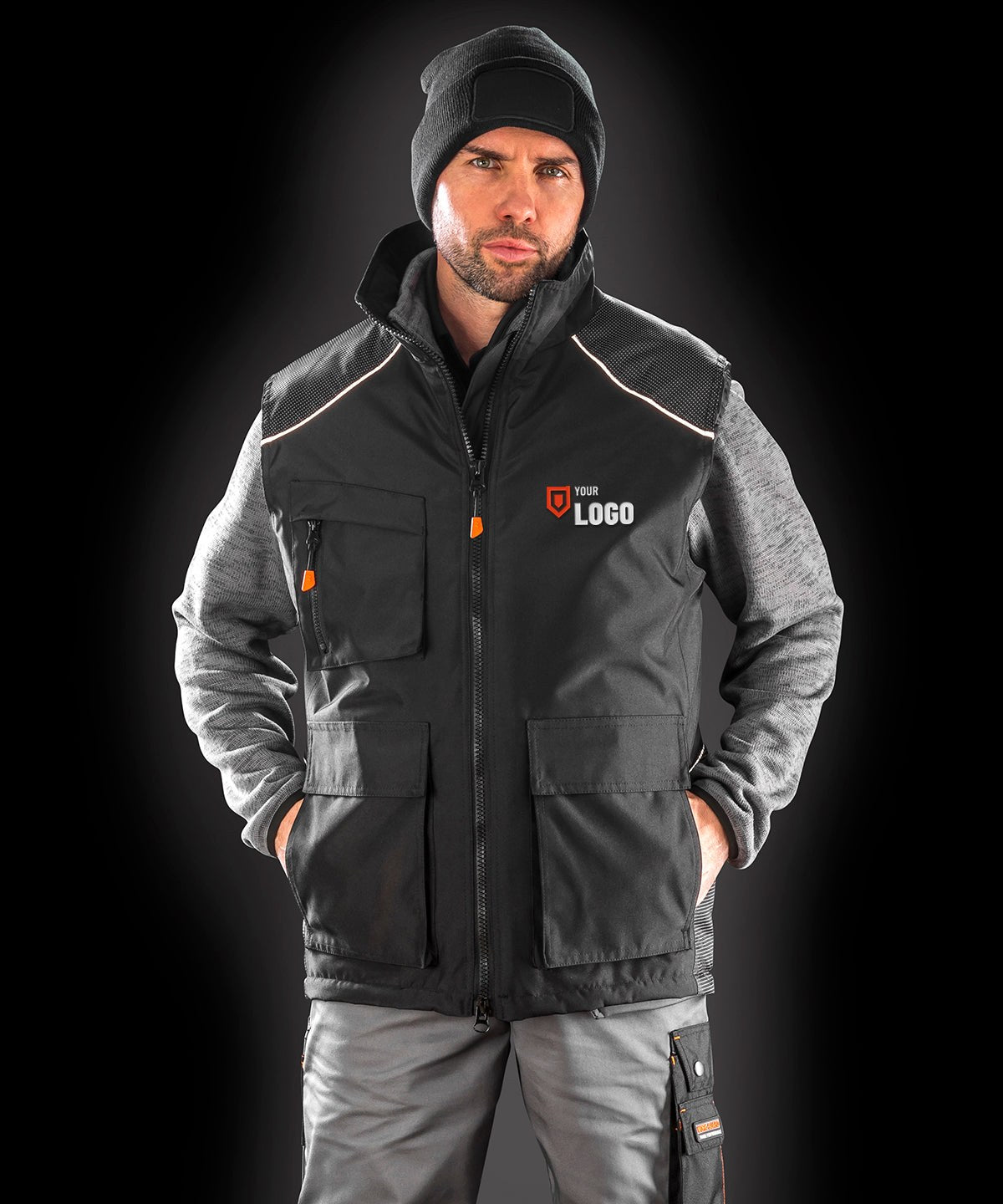 Worker in a black padded bodywarmer with a logo embroidered on the left chest