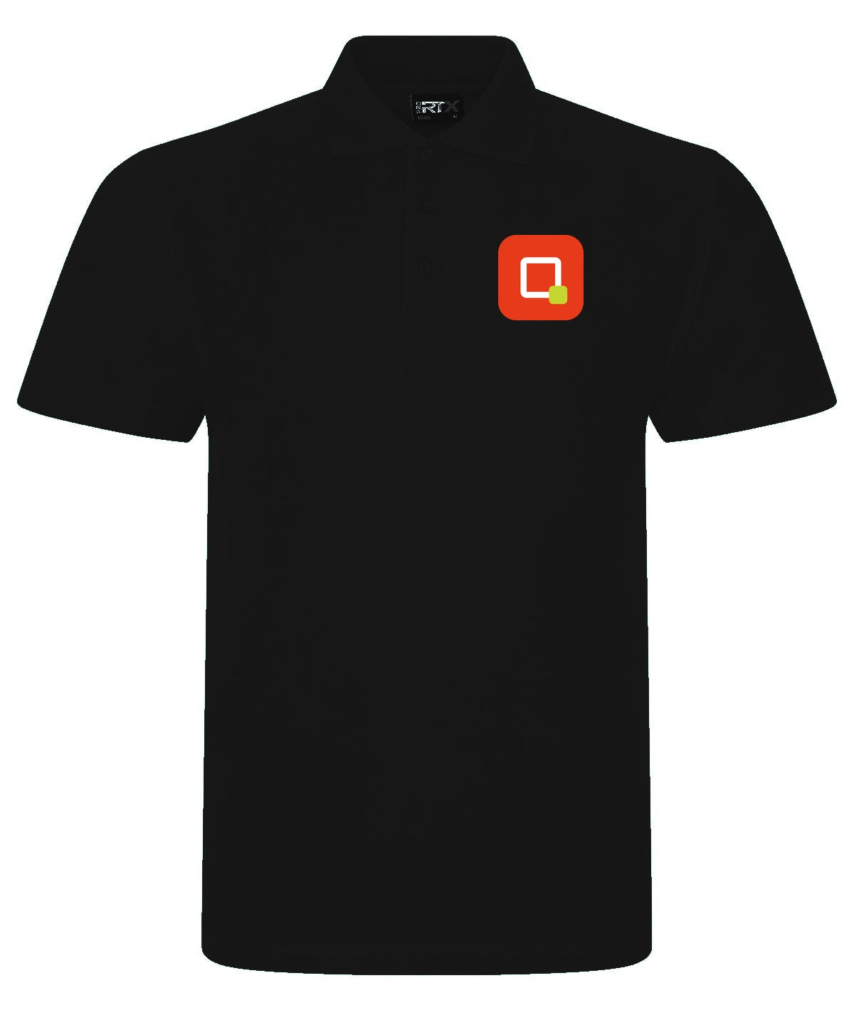 Black polo shirt with embroidered Brand Me Now logo on the left chest