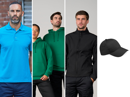 Mix and Match Team Package: Pro polos, Pro hoodies, Pro 2-layer softshell and Beechfield Ultimate 5-panel cap