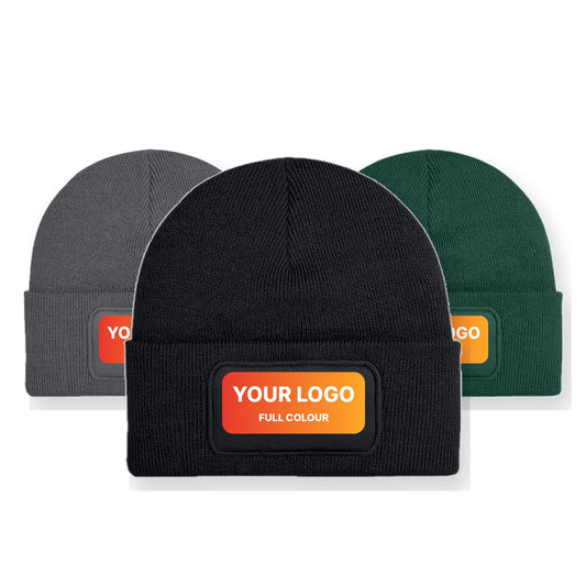 Patch beanie bundle, 12 beanies with your logo printed in full colour on the patch