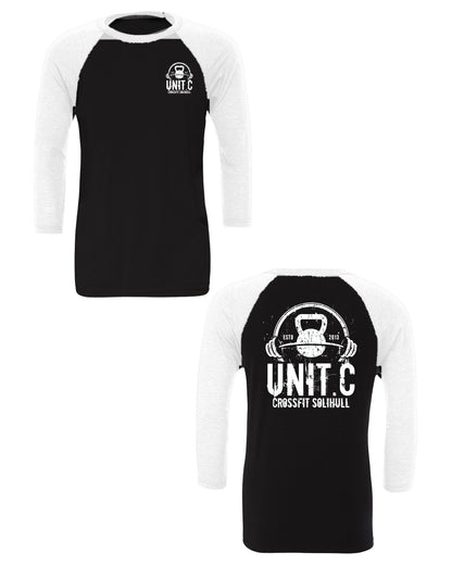 Unit C Baseball Tee, black body with white sleeves, front and back