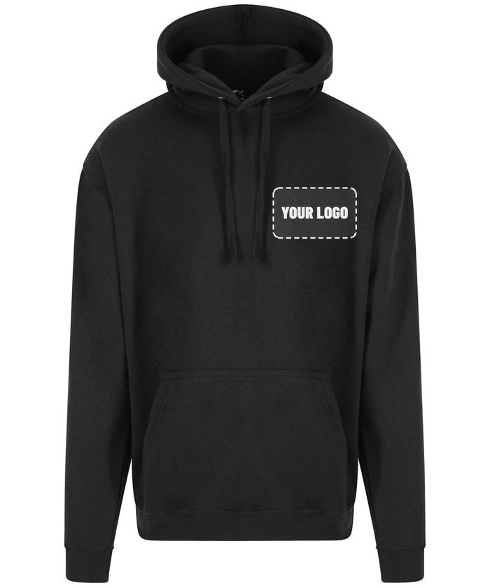 Black hoodie with a sample logo embroidered on the left chest